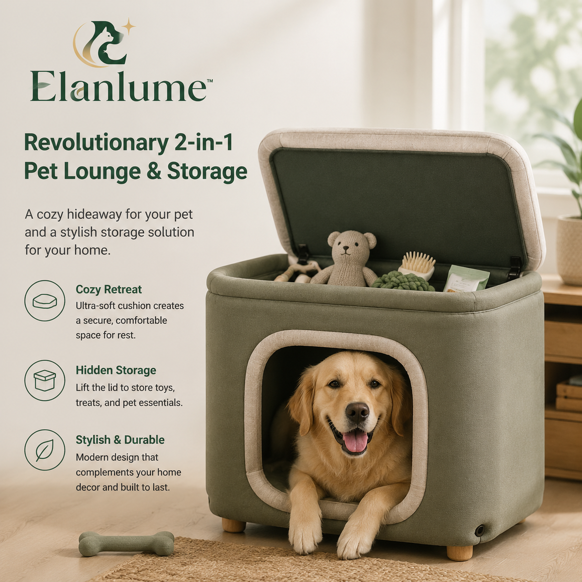 Elanlume™ CozyNest 2-in-1 Pet Lounge & Storage Bench