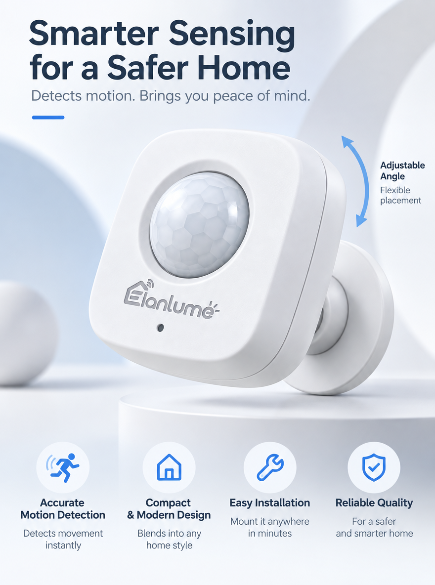 Elanlume™ Adjustable Smart Motion Sensor – Directional Indoor Movement Sensor with Flexible Wall Mount for Home Automation & Lighting Routines