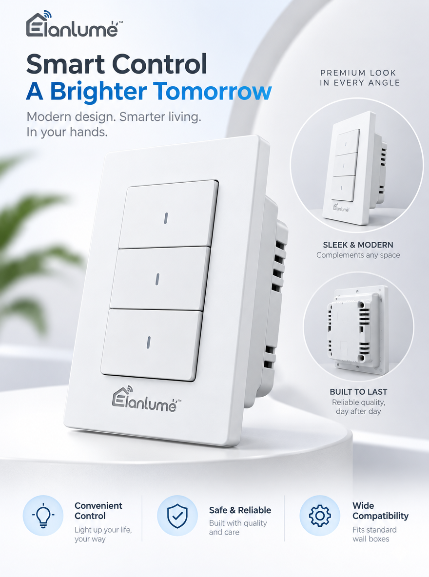 Elanlume™ 3-Button Smart Wall Switch – Modern In-Wall Lighting Control Panel for Multi-Zone Home Lighting