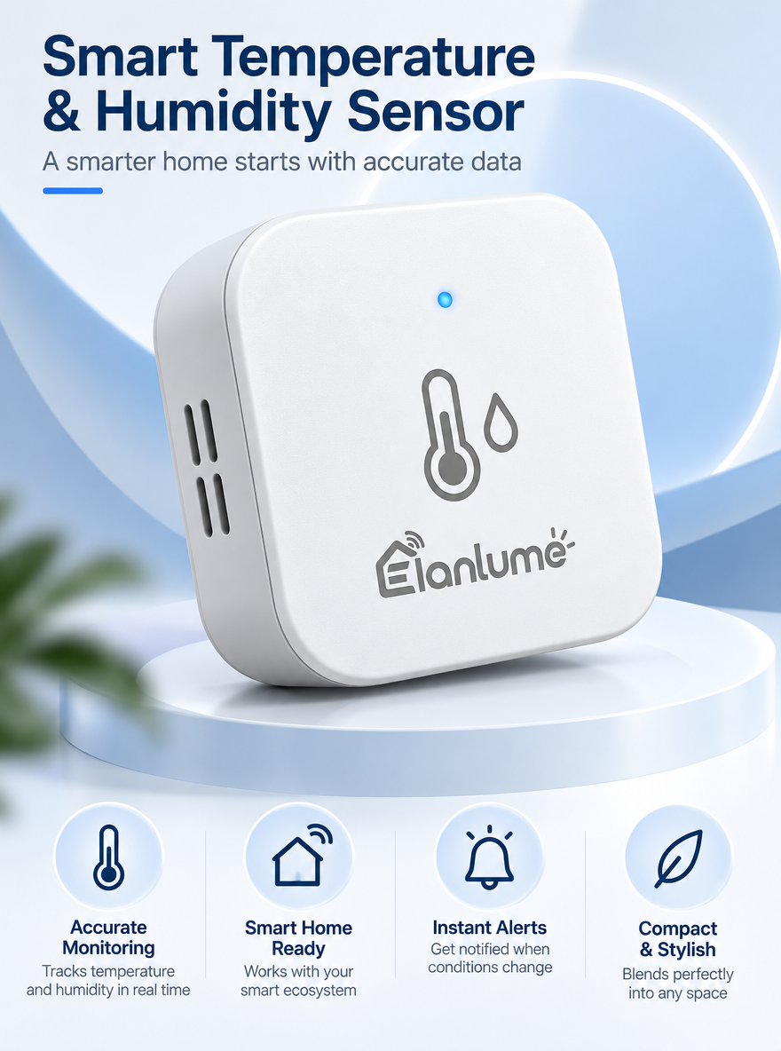 Elanlume™ Smart Temperature & Humidity Sensor – Indoor Climate Monitor for Bedrooms, Living Rooms, Nurseries, Home Offices & Smart Home Routines