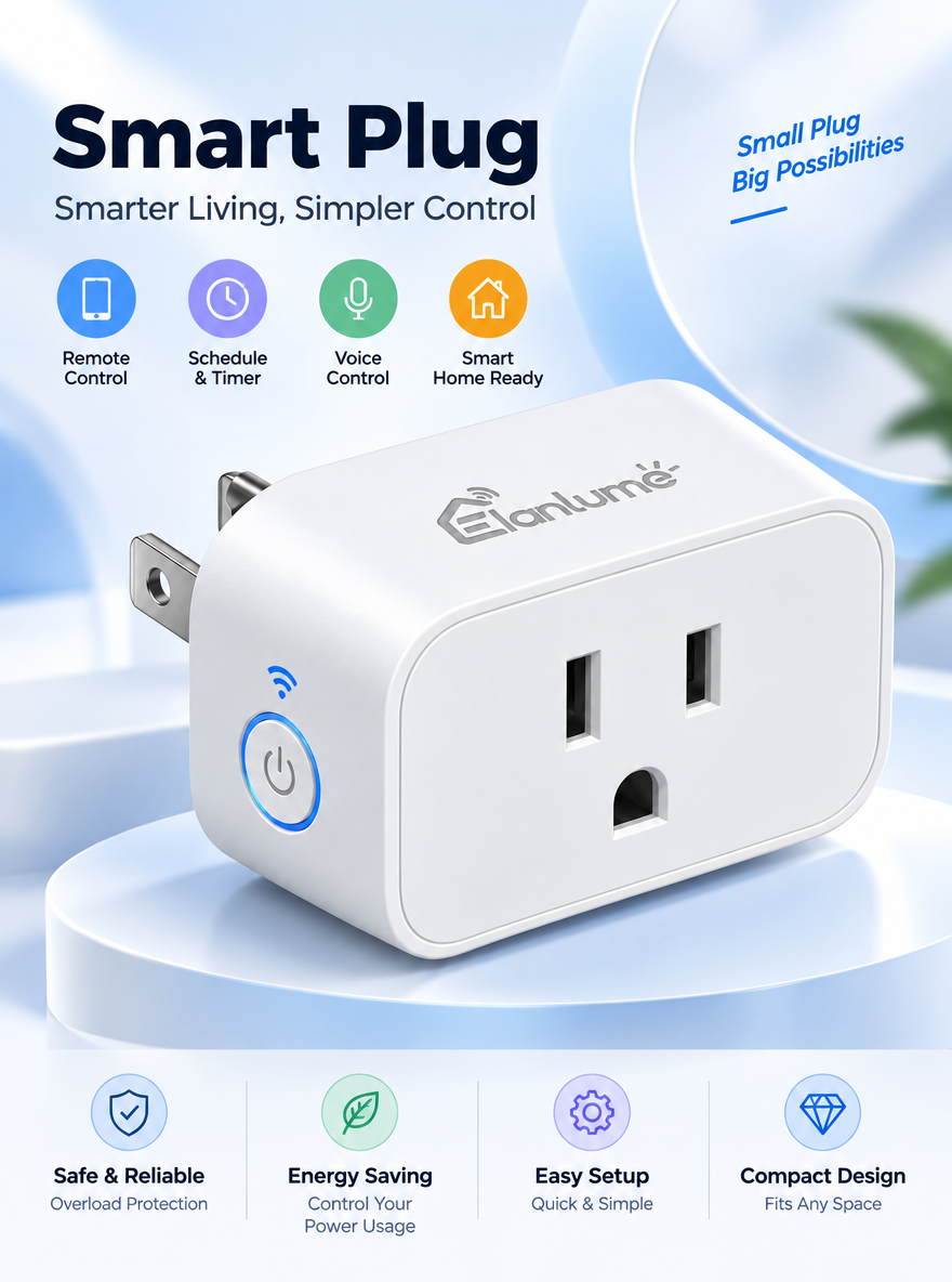 Elanlume™ Smart Wi-Fi Plug – App & Voice Controlled Outlet with Scheduling, Timer and Overload Protection for Everyday Home Devices