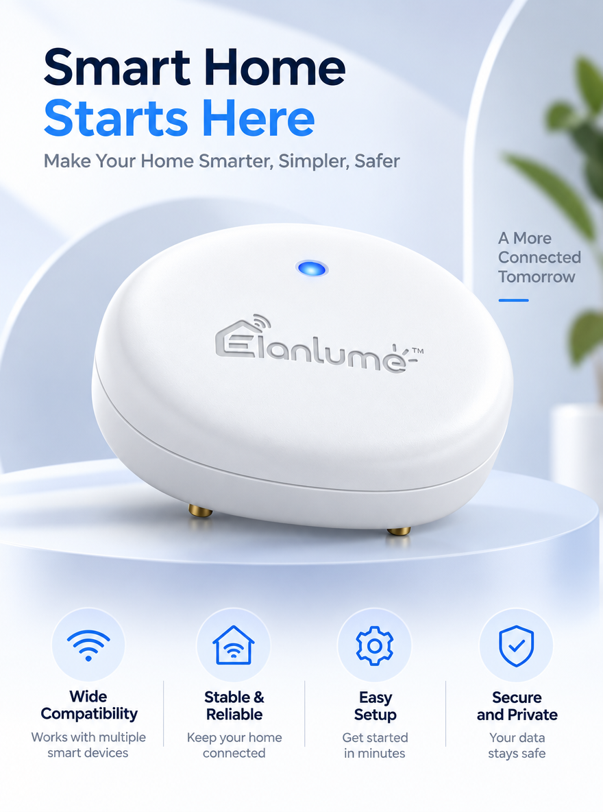 Elanlume™ Smart Home Gateway Bridge – Compact Wireless Hub for Compatible Sensors, Controls & Home Automation